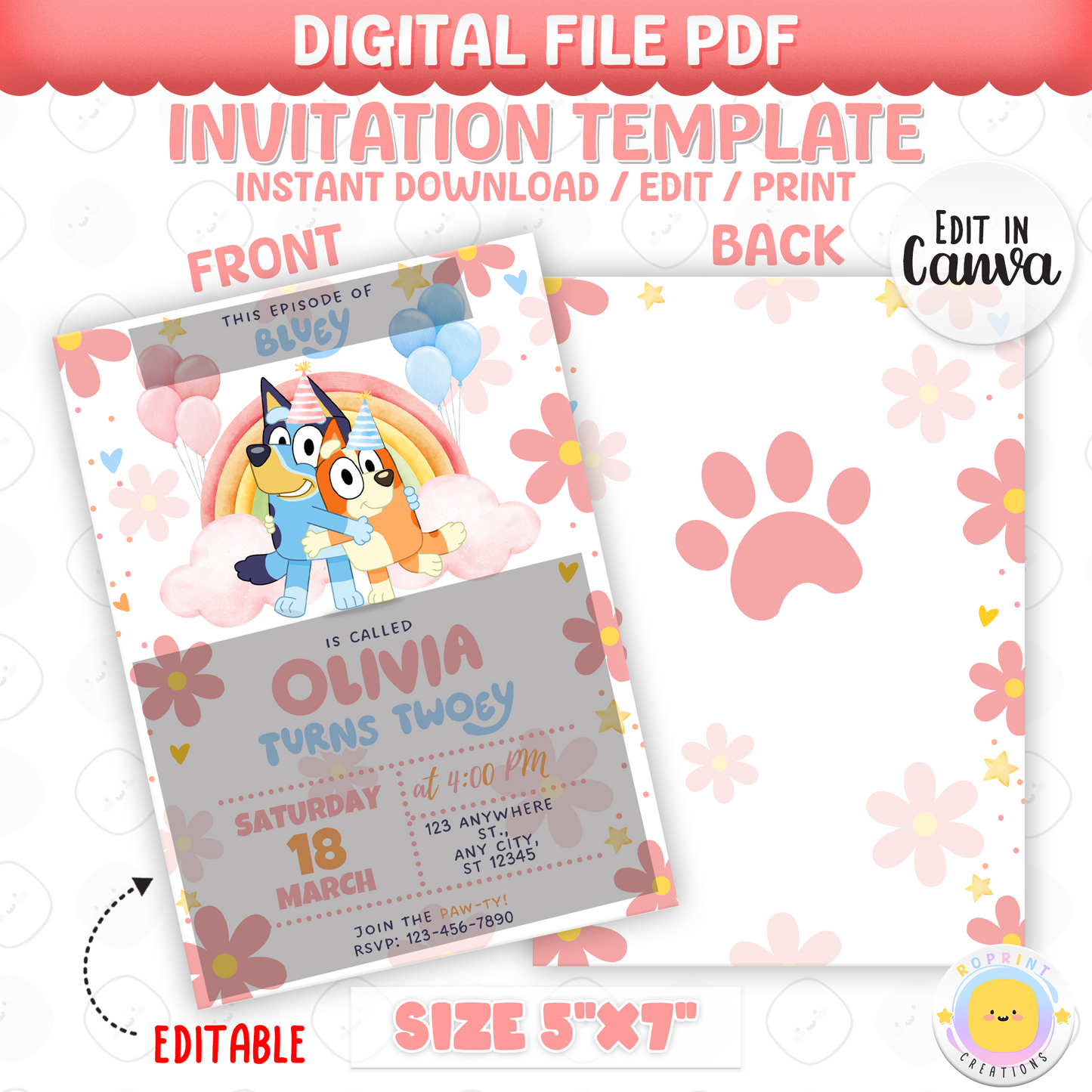 Bluey Birthday Girl Invitation Template - Bluey Pink Daisy 2nd Birthday Invitation Canva Template