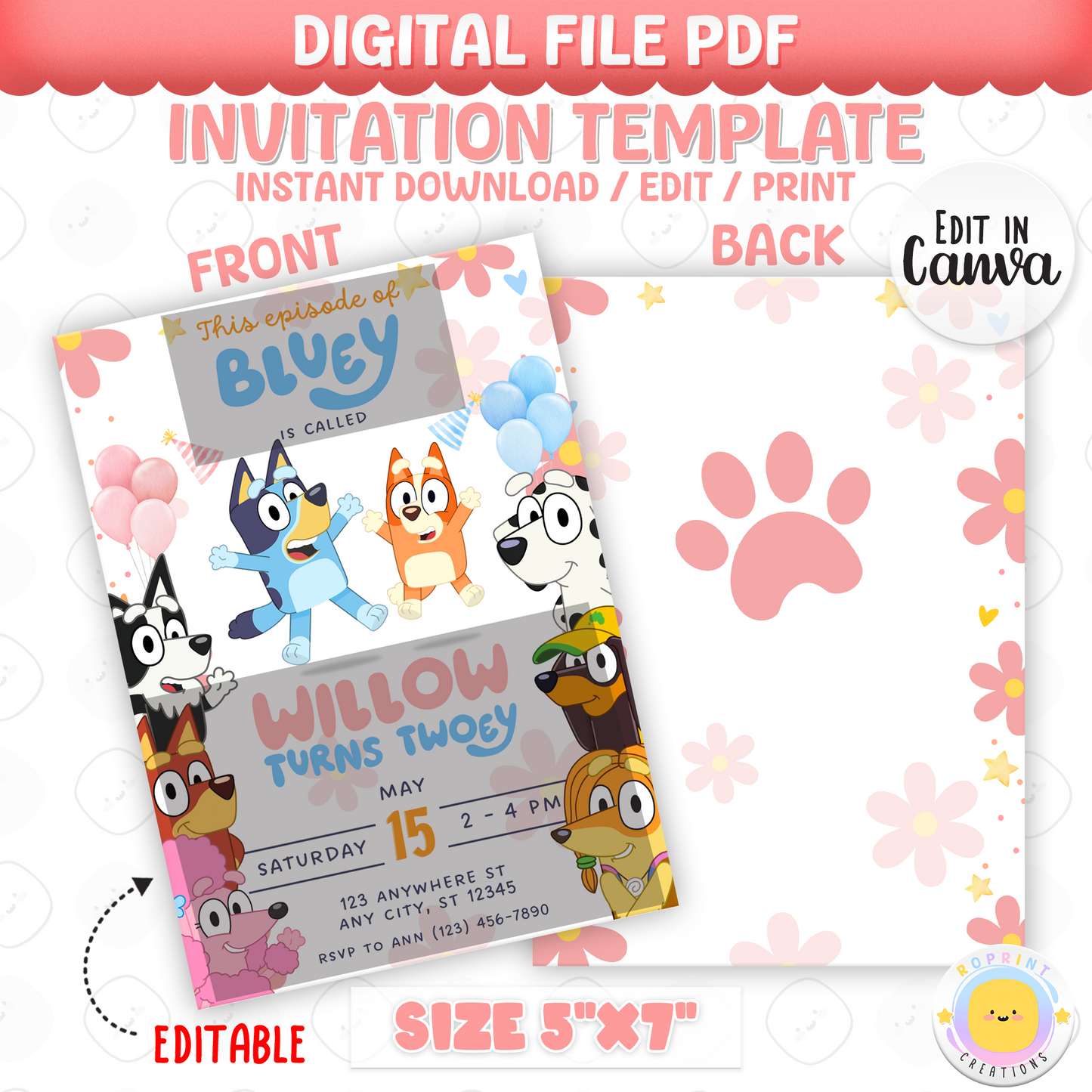 Bluey Birthday Invitation Template - Bluey and Bingo Girl Rainbow 2nd Birthday Invitation Canva Template