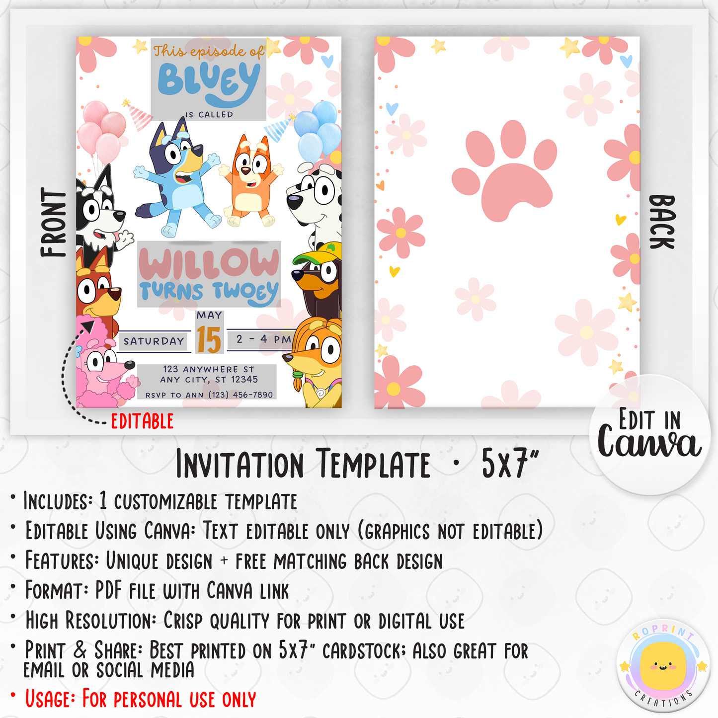 Bluey Birthday Invitation Template - Bluey and Bingo Girl Rainbow 2nd Birthday Invitation info