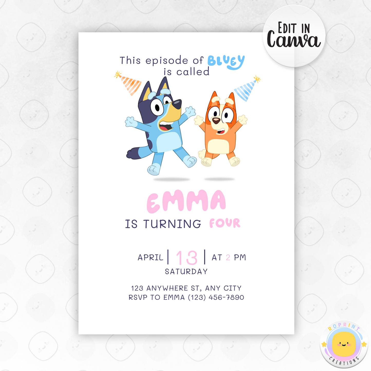 Pink Bluey Birthday Invitation Template - Editable Bluey Template Canva Template