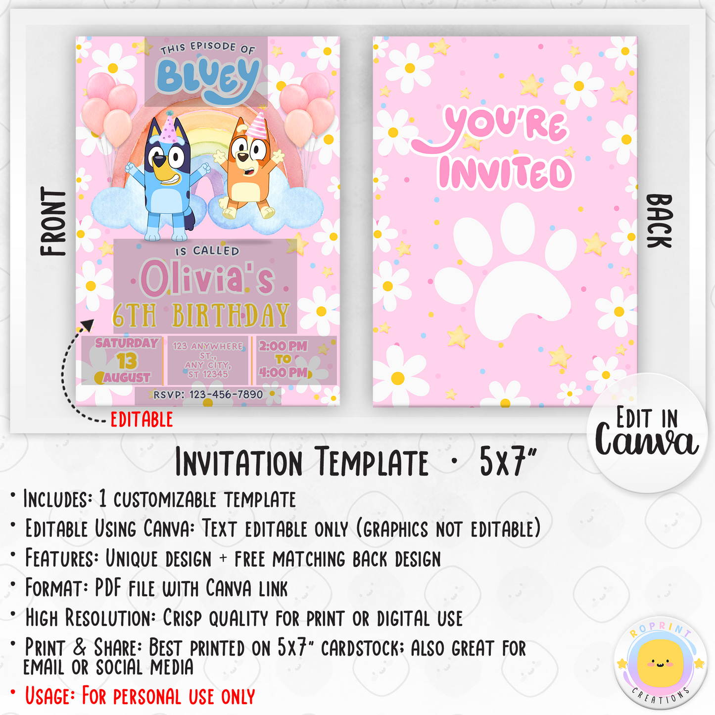 Bluey Daisy Birthday Girl Invitation Template-Bluey Girl Pink Rainbow Invitation Canva Template