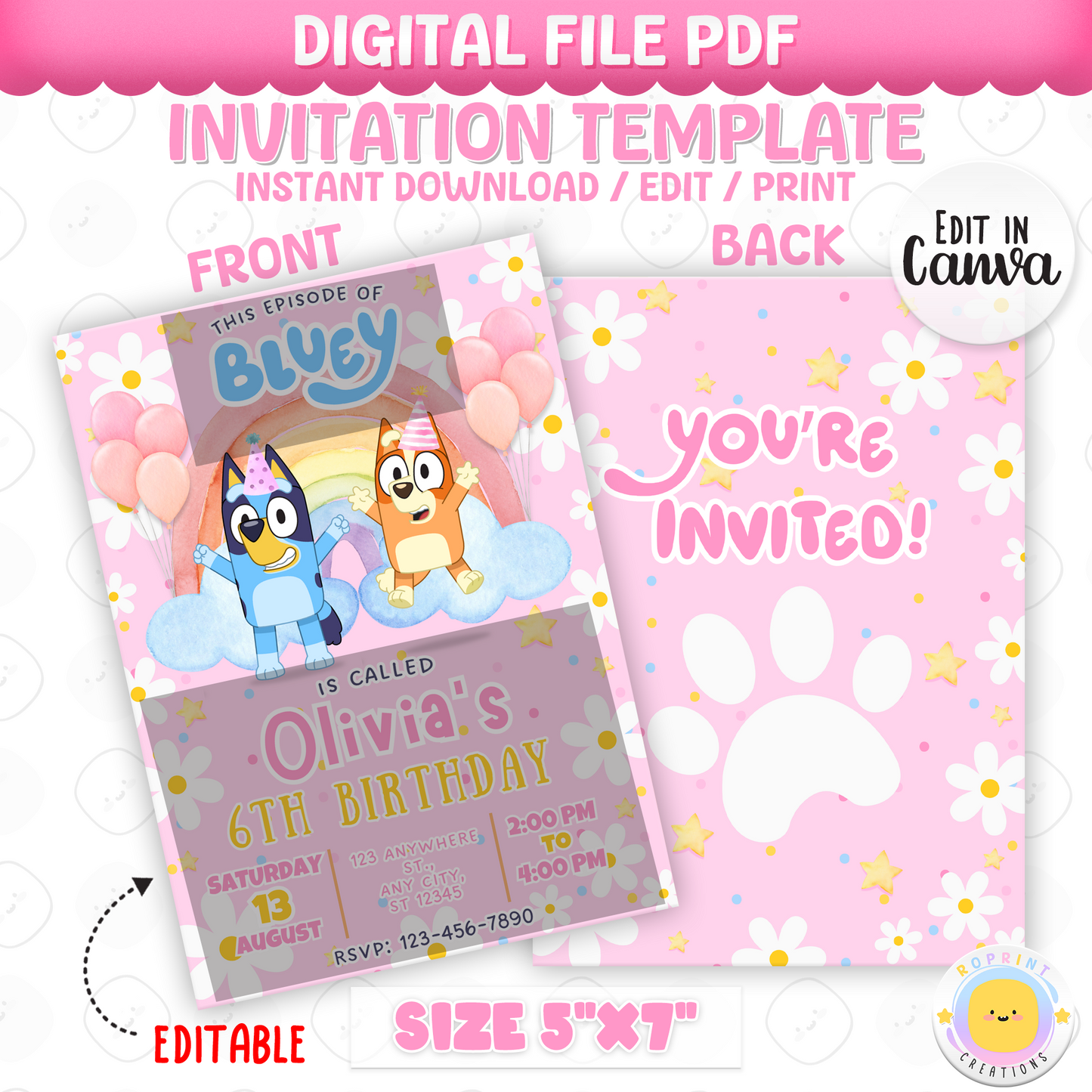 Editable Pink Bluey Birthday Invitation - Bluey TWO-EY Pink Birthday Girl Invitation Canva Template