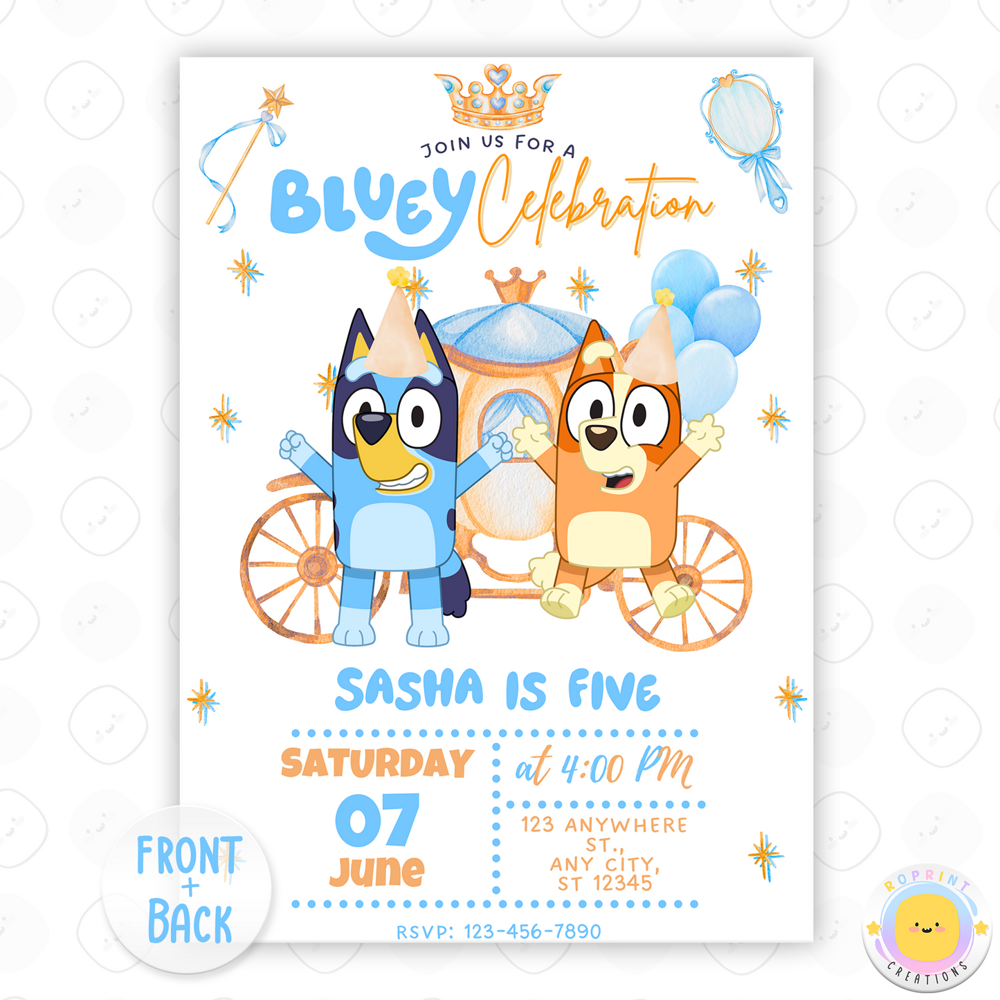 Make your little one’s birthday royally fun with our Bluey Princess Carriage Birthday Invitation!
Featuring a magical pink carriage and everyone's favorite blue pup, this editable and printable invite is perfect for princess-loving Bluey fans. Whether you're planning a fairytale-themed celebration or a magical birthday adventure, this invitation adds a touch of sparkle to the big day. Instant download.