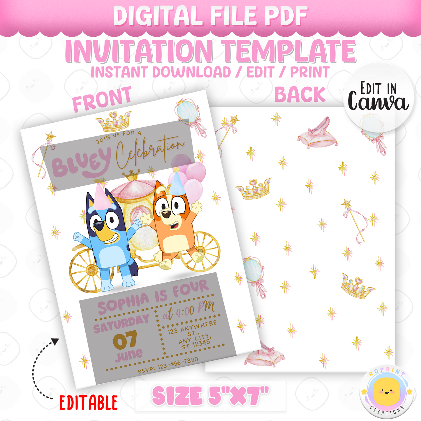 Make your little one’s birthday royally fun with our Bluey Princess Carriage Birthday Invitation!
Featuring a magical pink carriage and everyone's favorite blue pup, this editable and printable invite is perfect for princess-loving Bluey fans. Whether you're planning a fairytale-themed celebration or a magical birthday adventure, this invitation adds a touch of sparkle to the big day.