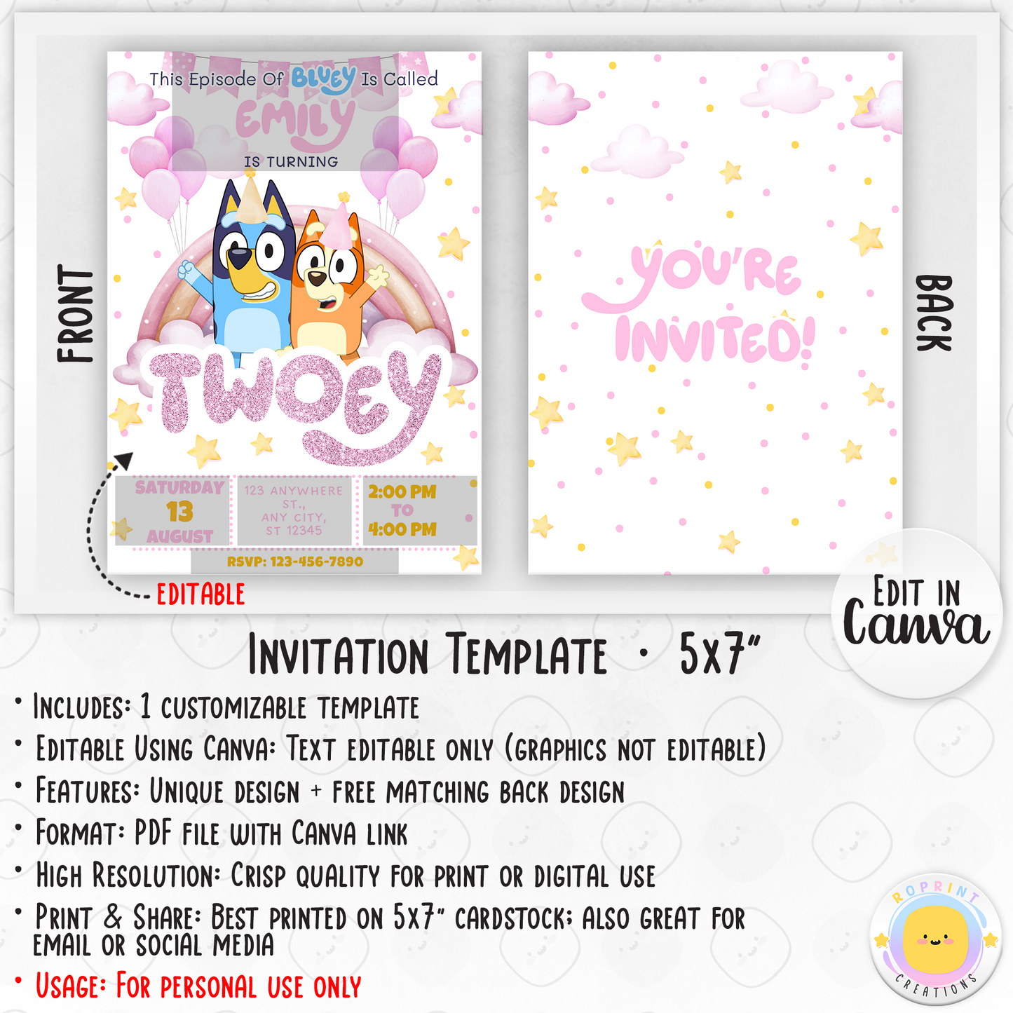 Bluey TWO-EY 2nd Birthday Invitation Template - Blue Dog 2nd Birthday Glitter Girl Party Invitation