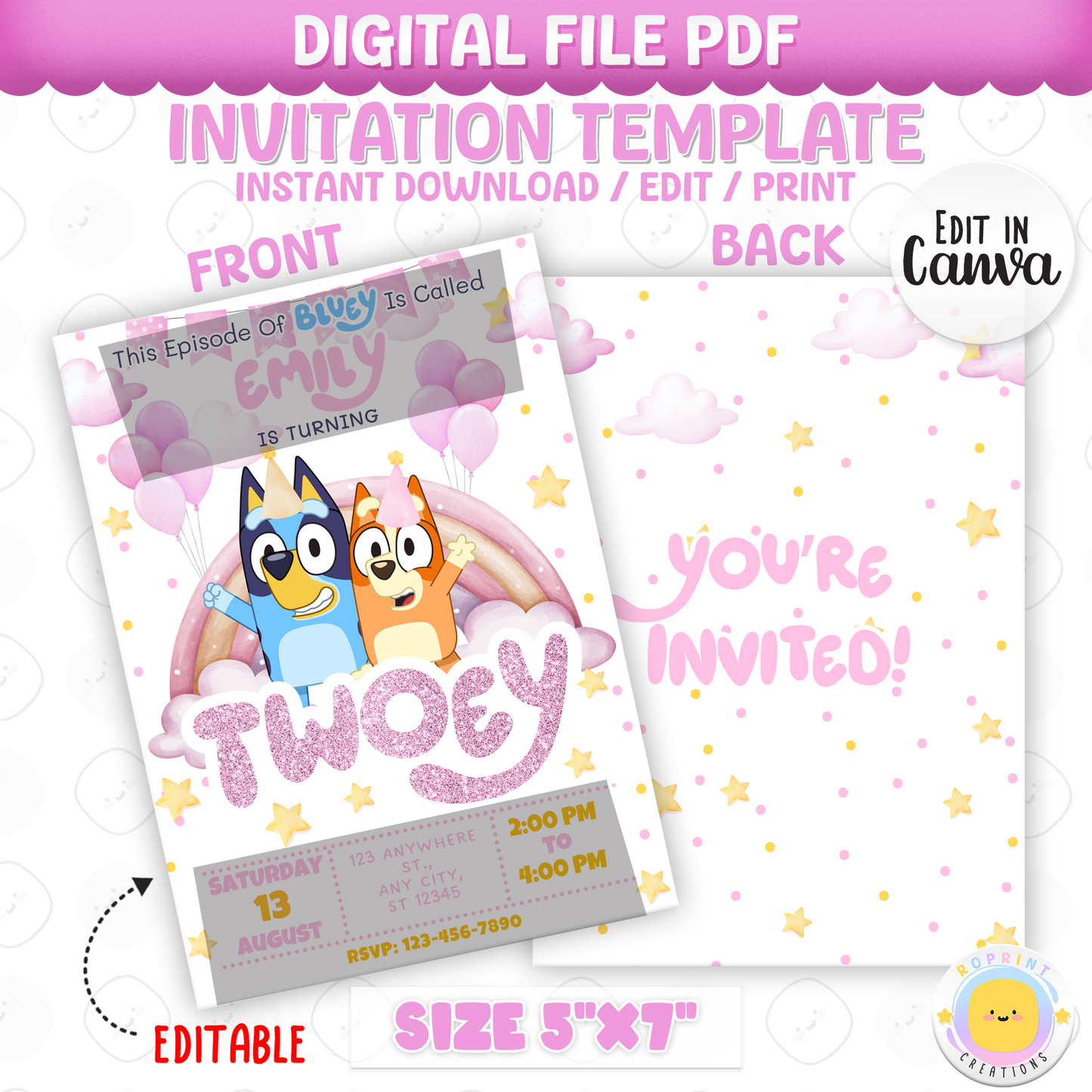 Bluey TWO-EY 2nd Birthday Invitation Template - Blue Dog 2nd Birthday Glitter Girl Party Canva Invitation Template