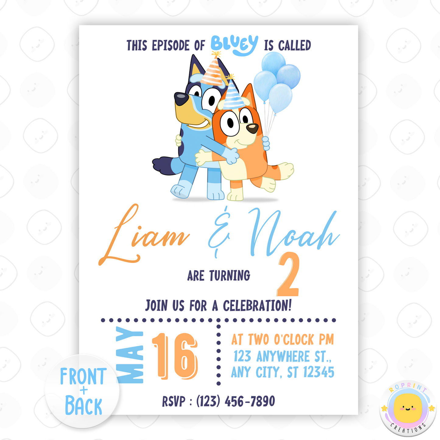 Bluey Twins Birthday Invitation Template - Bluey Sibling Birthday Invitation Canva Template