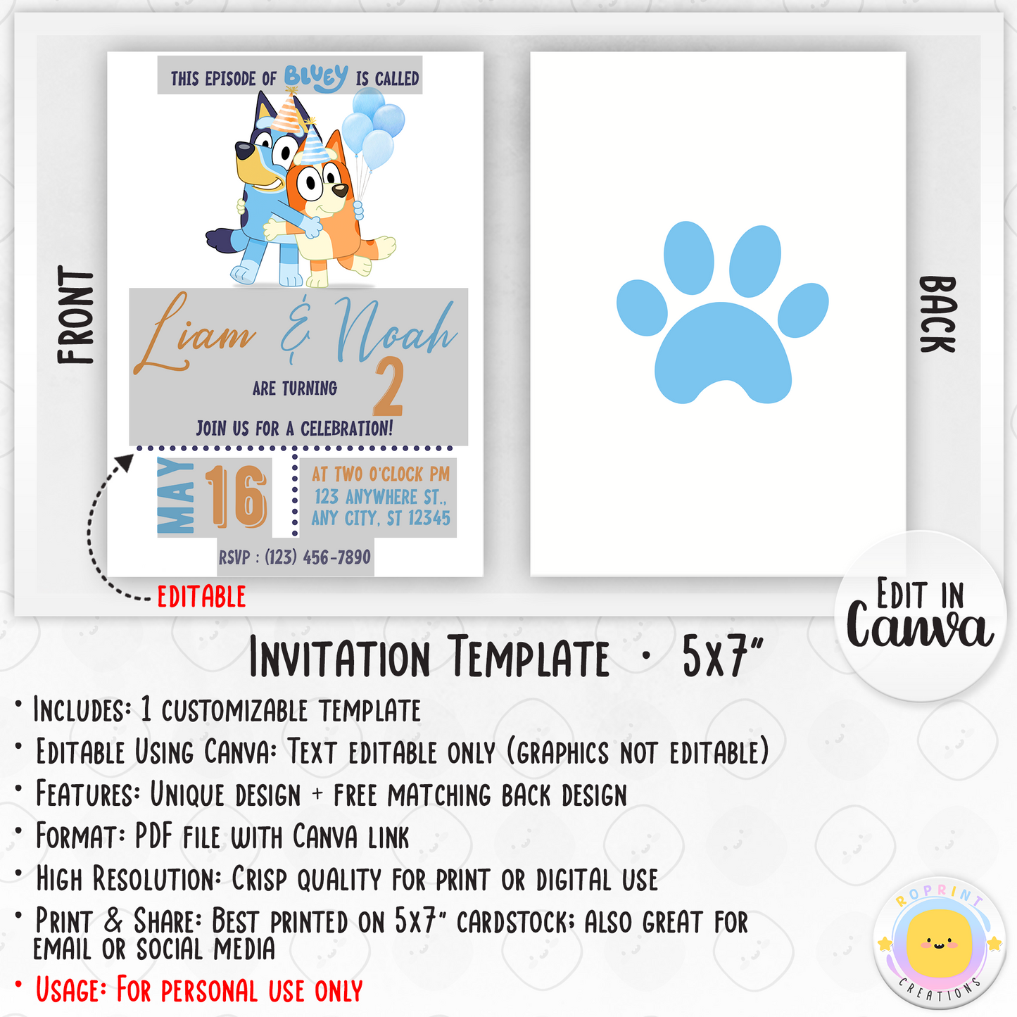 Bluey Twins Birthday Invitation Template - Bluey Sibling Birthday Invitation info