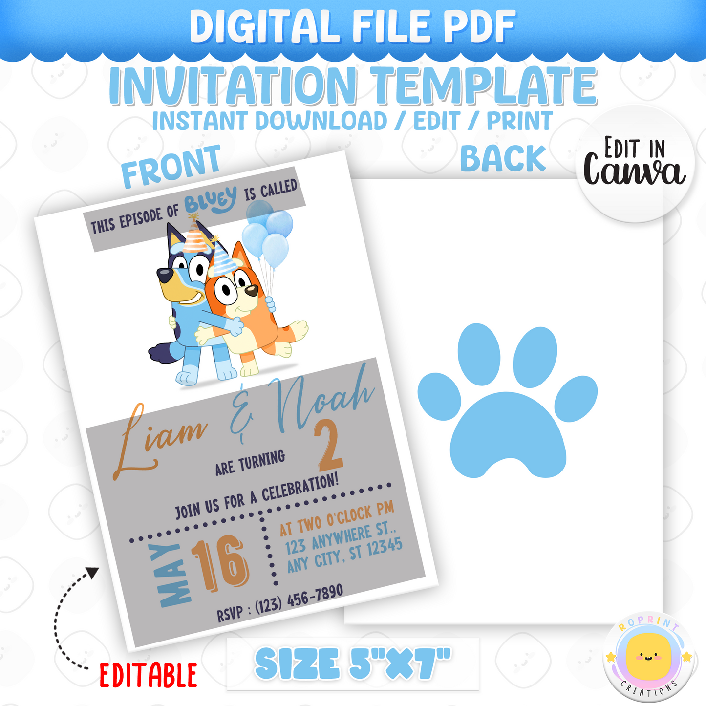 Bluey Twins Birthday Invitation Template - Bluey Sibling Birthday Invitation Canva Template