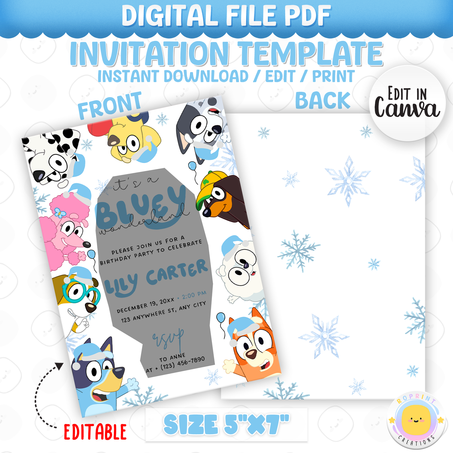 Celebrate the holidays with Bluey and friends! This editable Christmas birthday invitation features a festive winter design—customize in Canva, then print or share digitally for a fun kids’ party. Instant download.