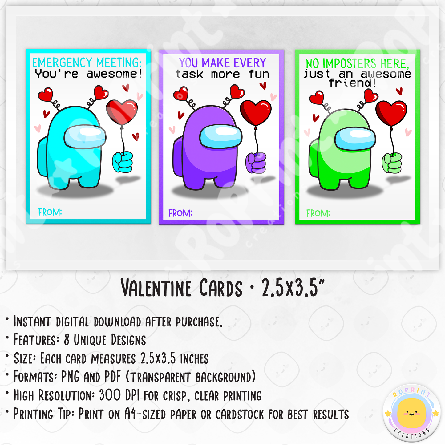 Among Us Valentine Cards - Printable Kids Valentine's Day Cards