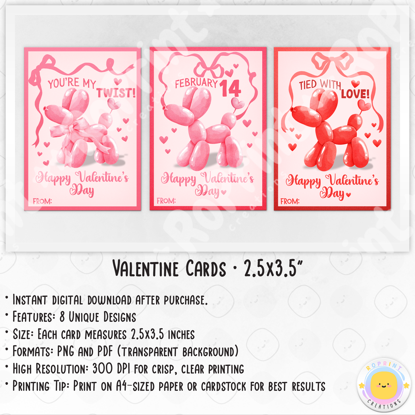 Balloon Animal Valentine Cards - Printable Kids Valentine's Day Cards