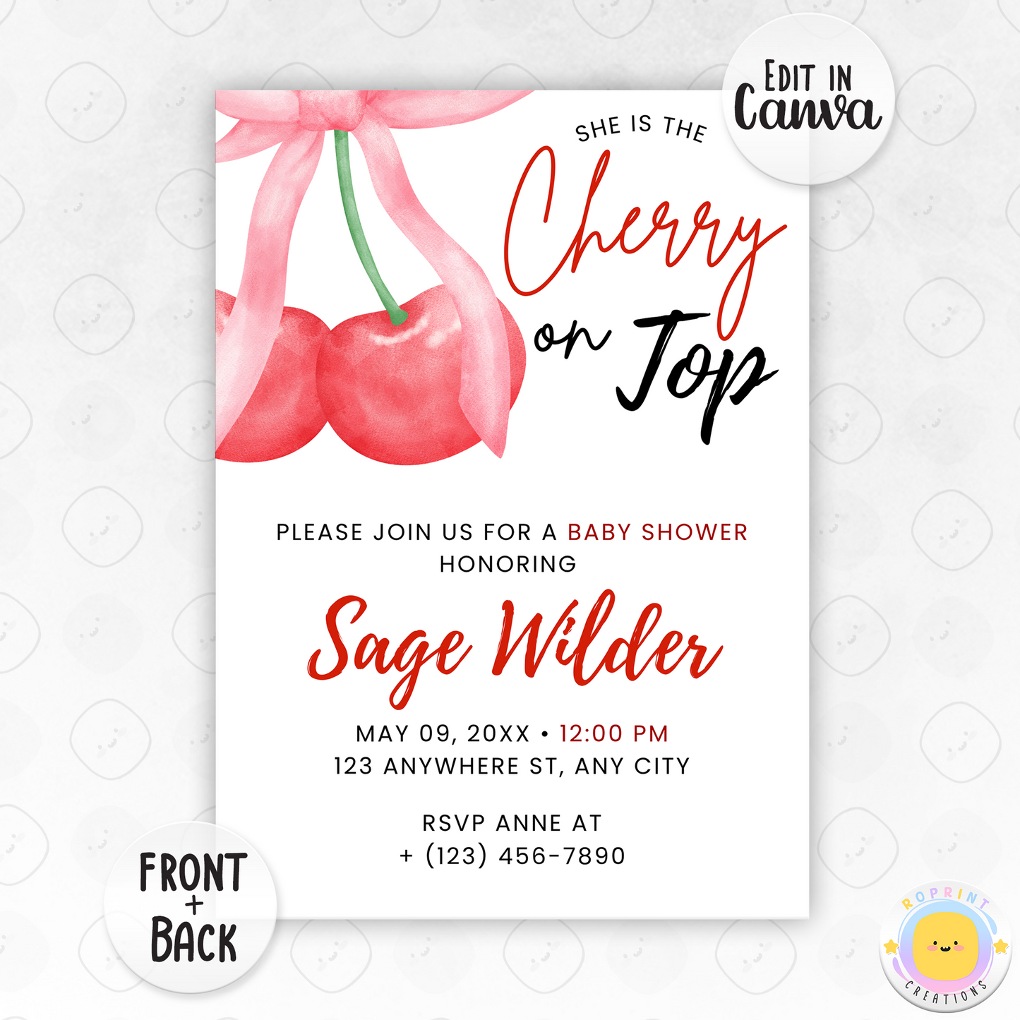 Cherry On Top Coquette Baby Shower Invitation - Cherry on Top Invite Canva Template
