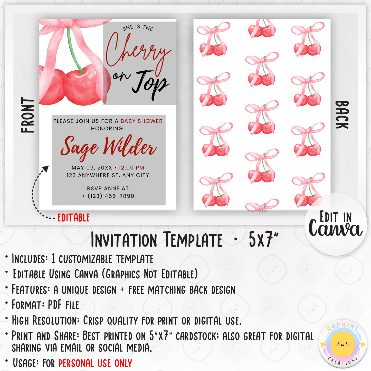 Cherry On Top Coquette Baby Shower Invitation - Cherry on Top Invite Canva Template info