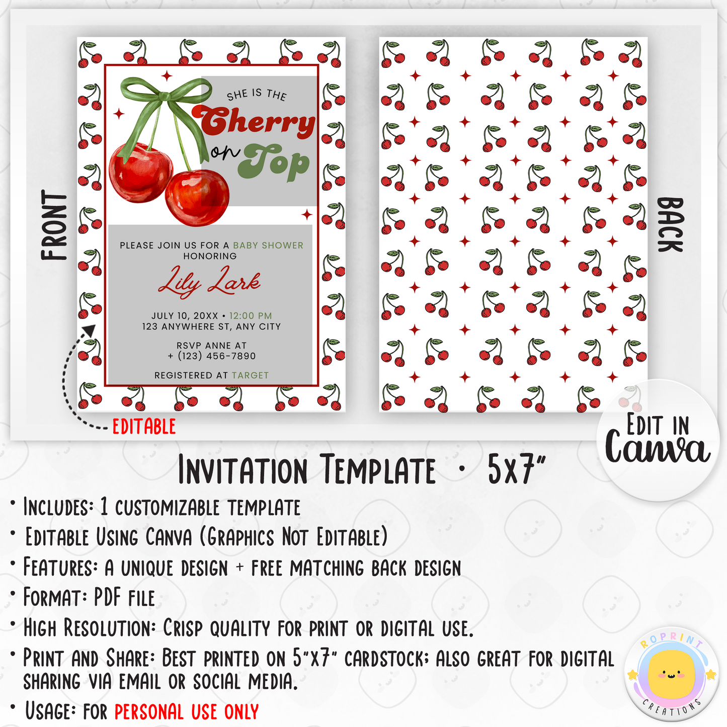 Cherry On Top Retro Baby Shower Invitation - Cherry On Top Invite Canva Template info