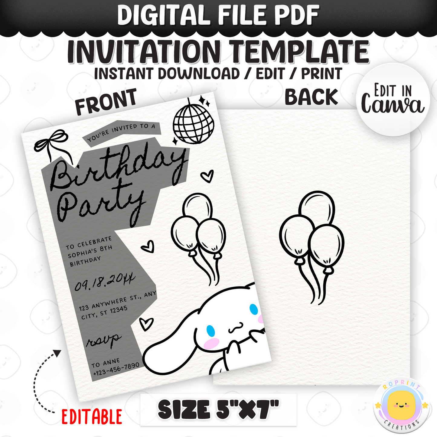 Celebrate with Cinnamoroll! This cute birthday invitation is fully editable in Canva—print at home or share digitally for a fun party surprise. Instant download