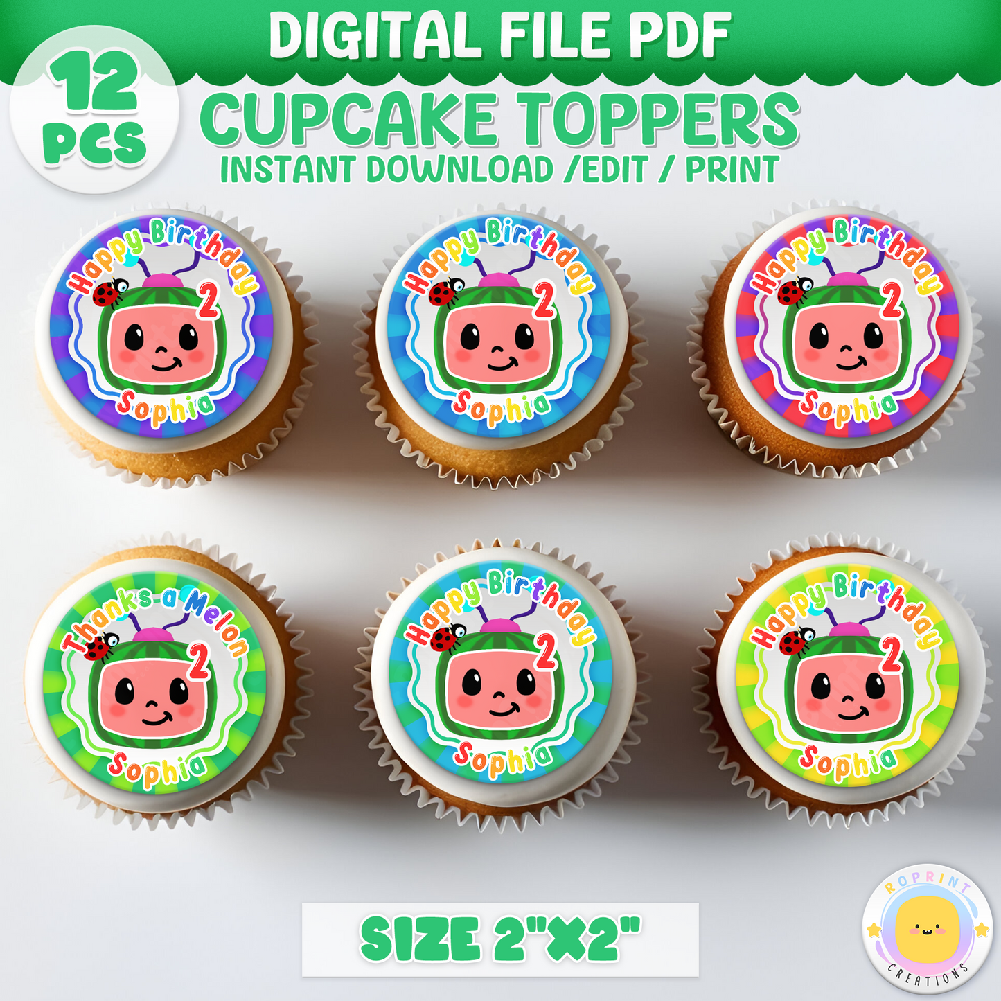Cocomelon Birthday Cupcake Toppers - Editable Party Topper Template - Instant Download