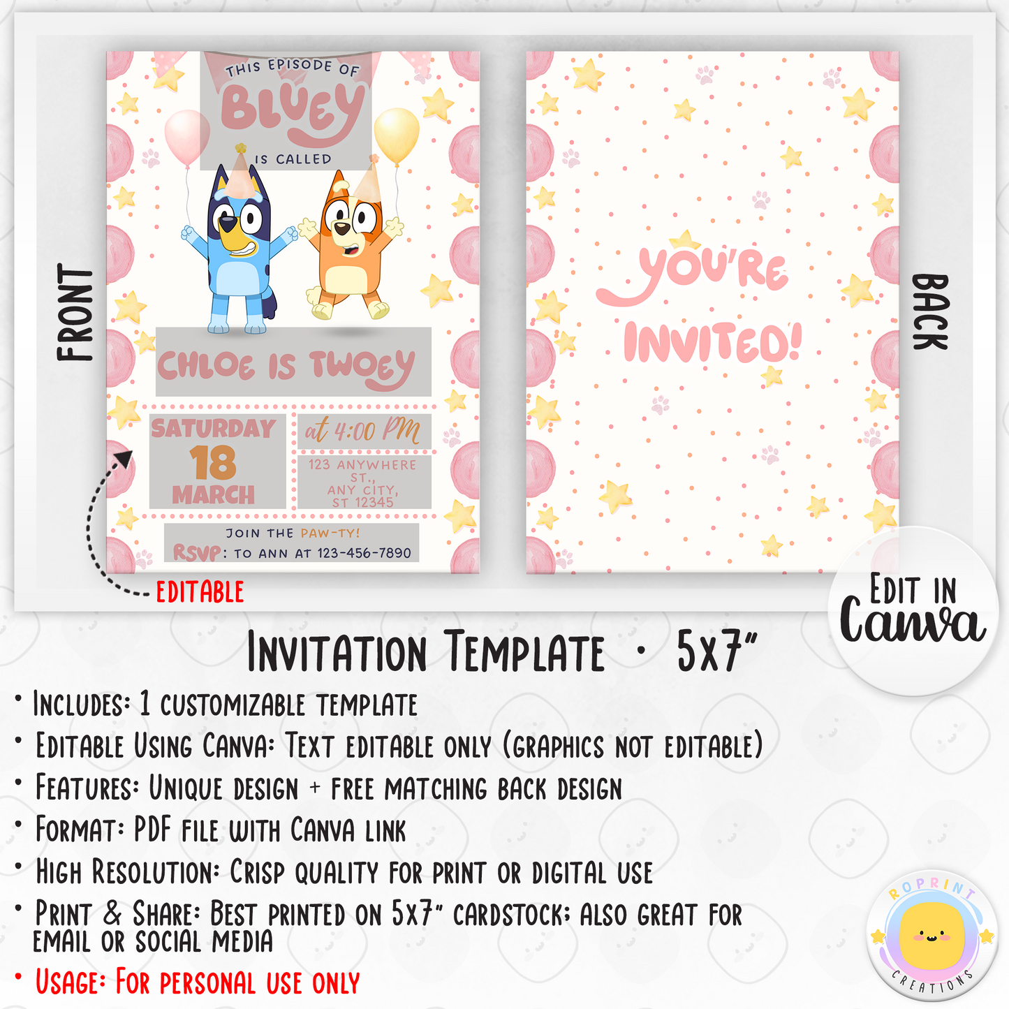 Editable Pink Bluey Birthday Invitation - Bluey TWO-EY Pink Birthday Girl Invitation Template Info