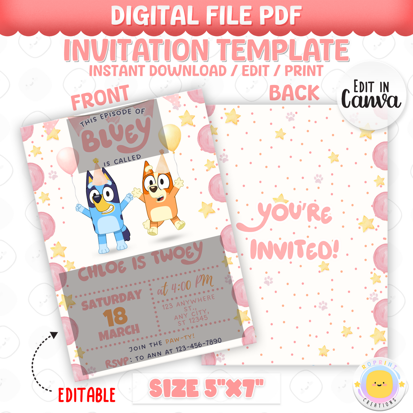 Editable Pink Bluey Birthday Invitation - Bluey TWO-EY Pink Birthday Girl Invitation Template