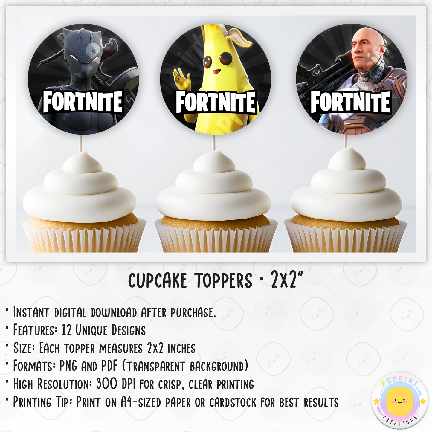 Fortnite Birthday Cupcake Toppers - Fortnite Birthday Cupcake Toppers. Add a fun touch to your celebration with these Fortnite Cupcake Toppers! Instantly download, print, and assemble for a unique party decoration. These toppers can also be printed on edible paper or sticker paper to create fun stickers. Digital file only.