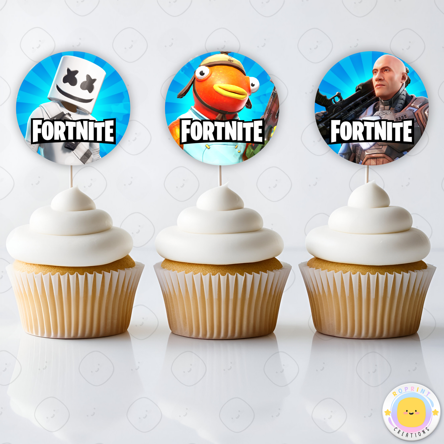 Fortnite Cupcake Toppers - Fortnite Birthday Cupcake Toppers. Add a fun touch to your celebration with these Fortnite Cupcake Toppers! Instantly download, print, and assemble for a unique party decoration. These toppers can also be printed on edible paper or sticker paper to create fun stickers. Digital file only.