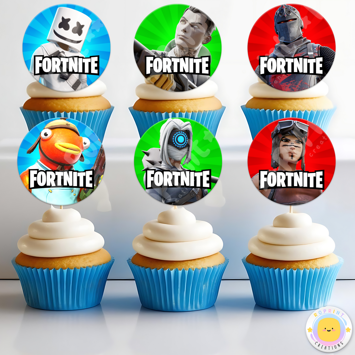 Fortnite Cupcake Toppers - Fortnite Birthday Cupcake Toppers. Add a fun touch to your celebration with these Fortnite Cupcake Toppers! Instantly download, print, and assemble for a unique party decoration. These toppers can also be printed on edible paper or sticker paper to create fun stickers. Digital file only.