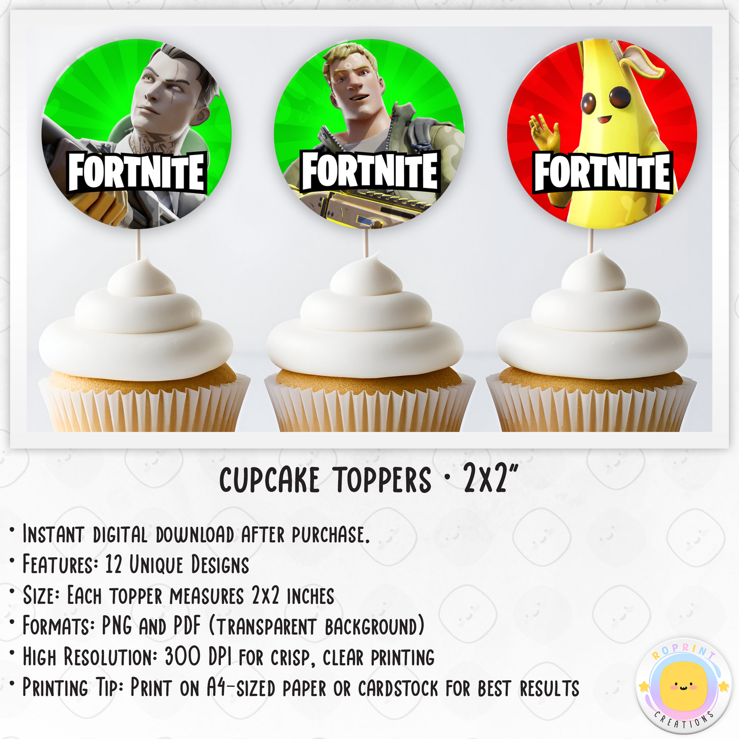 Fortnite Cupcake Toppers - Fortnite Birthday Cupcake Toppers. Add a fun touch to your celebration with these Fortnite Cupcake Toppers! Instantly download, print, and assemble for a unique party decoration. These toppers can also be printed on edible paper or sticker paper to create fun stickers. Digital file only.