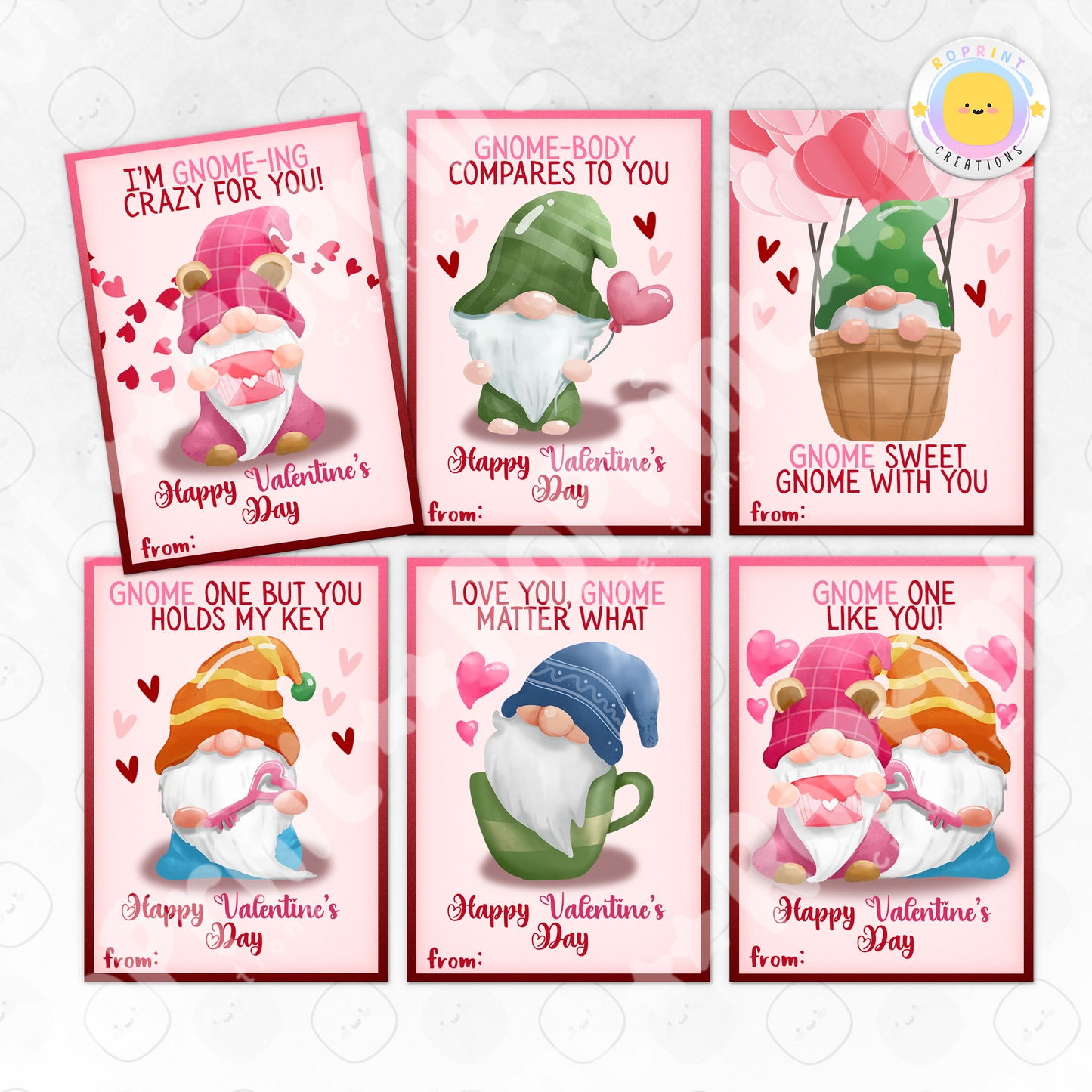 Gnomes Valentine Cards - Printable Kids Valentine's Day Cards