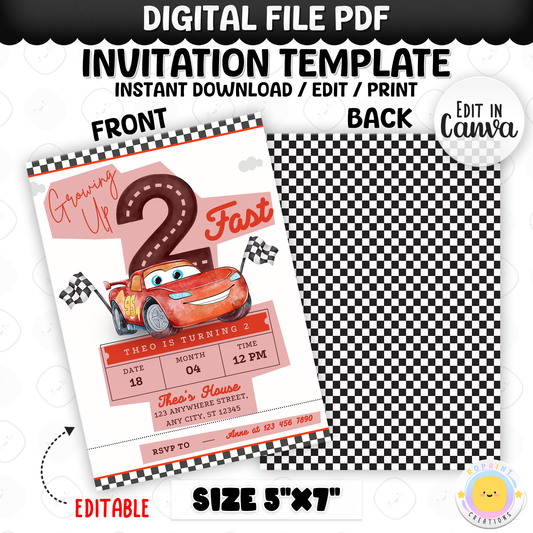 Growing up two fast! Race on over to celebrate with this Lightning McQueen 2nd birthday invitation template. Easily customize your party details in Canva, then print or share digitally with friends and family. Perfect for Cars-themed second birthday parties and race car fans!