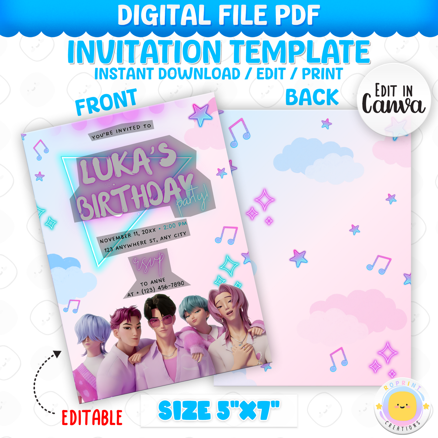 Celebrate in style with this KPOP Demon Hunters Birthday Invitation! Editable in Canva, perfect for printing or sharing digitally for a bold and exciting birthday party. Instant Download