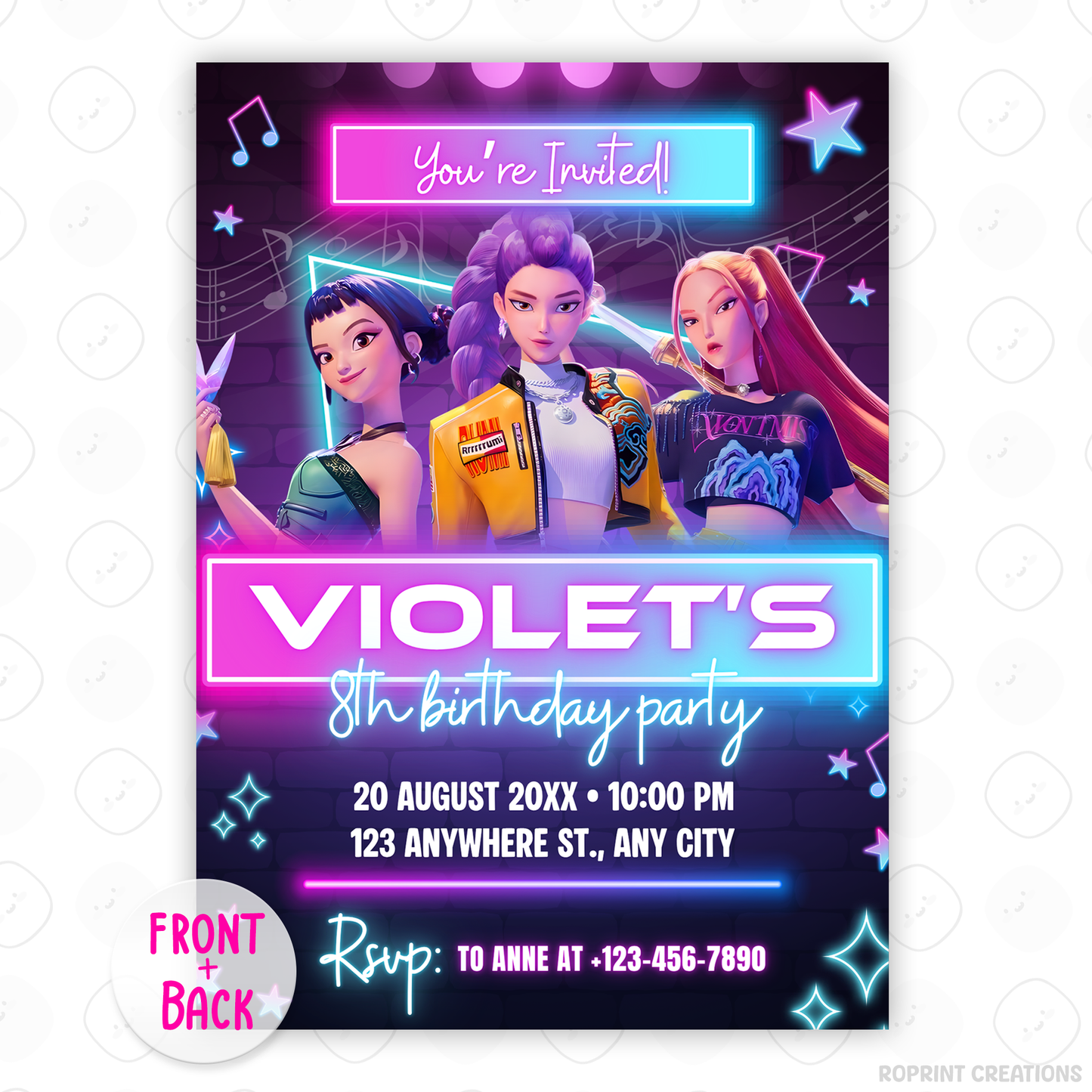 Get ready to shine with this KPOP Demon Hunters Invitation! Editable in Canva, perfect for printing or sharing digitally for a bold and stylish birthday celebration. Instant Download