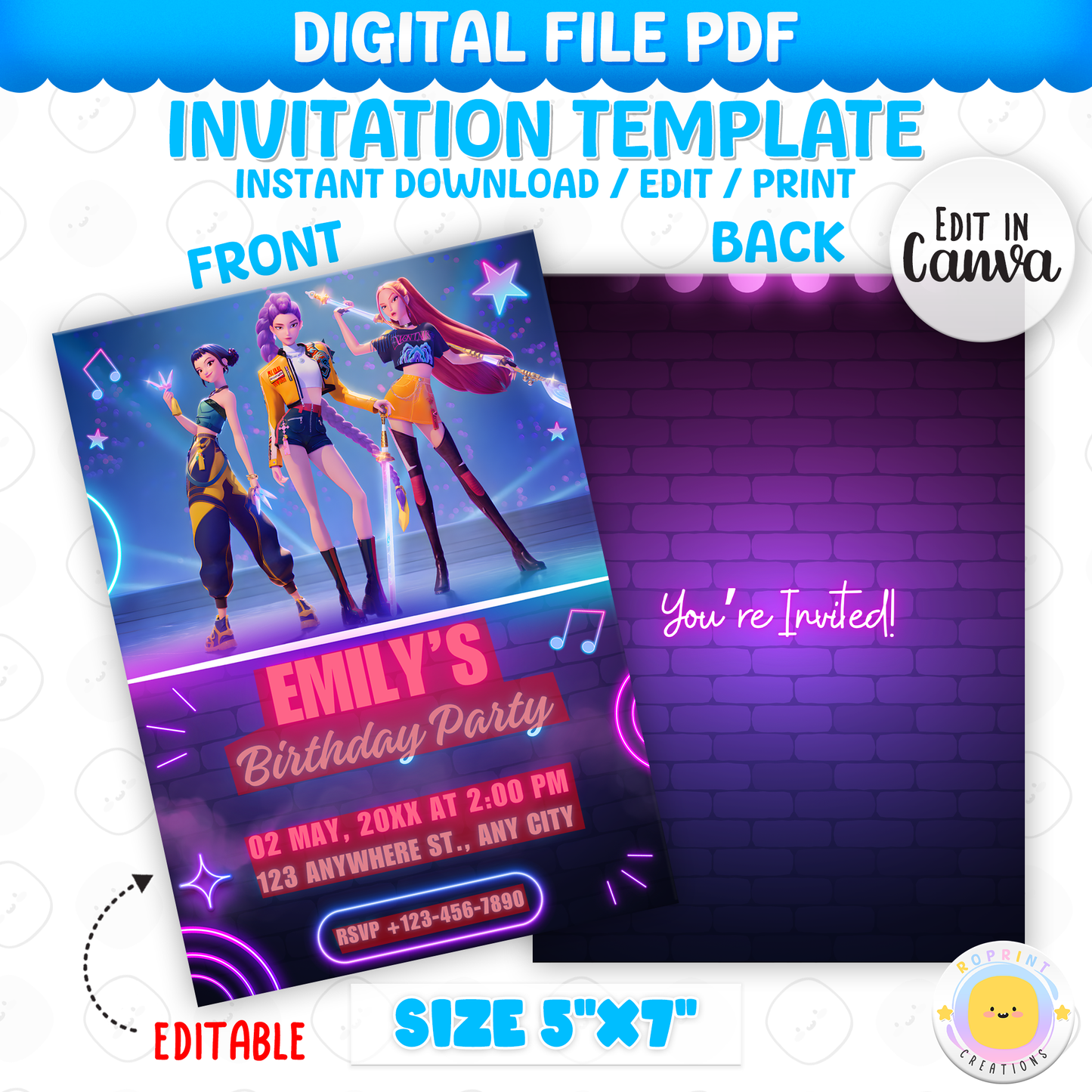 Make your party unforgettable with this KPOP Demon Hunters Party Invite! Easily editable in Canva, perfect for printing or sharing digitally for a fun and stylish celebration. Instant Download