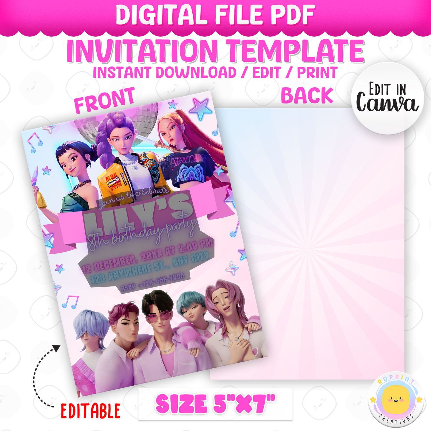 KPOP Demon Hunters Party Invitation - Editable Birthday Invite Template