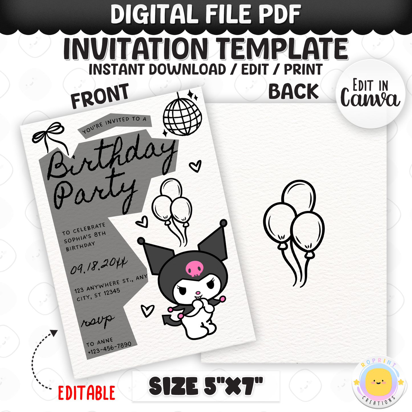 Celebrate with Kuromi! This cute birthday invitation is fully editable in Canva—print at home or share digitally for a fun party surprise. Instant download