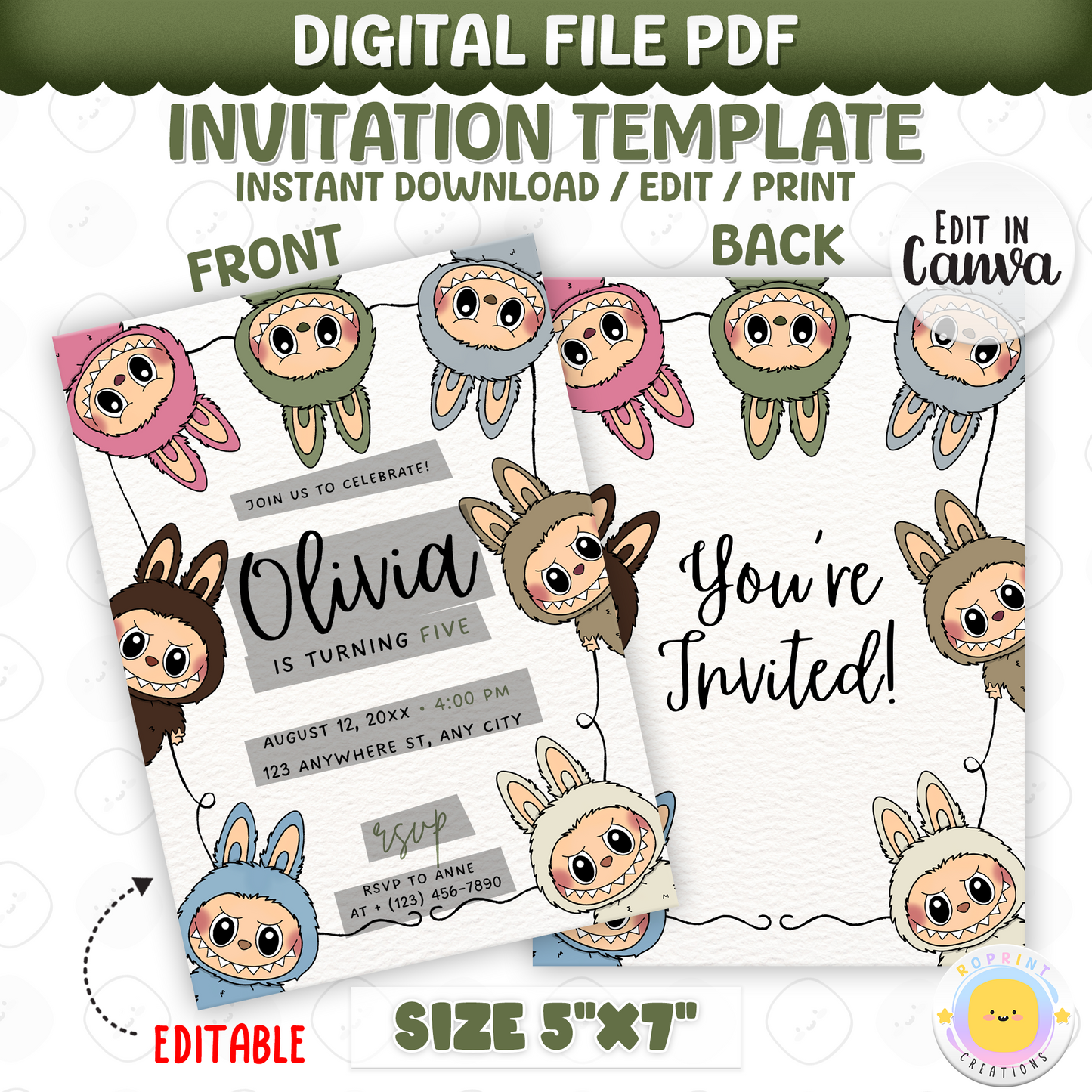 Celebrate in style with this Labubu birthday invitation! Easily edit in Canva, then print or share digitally. Instant download