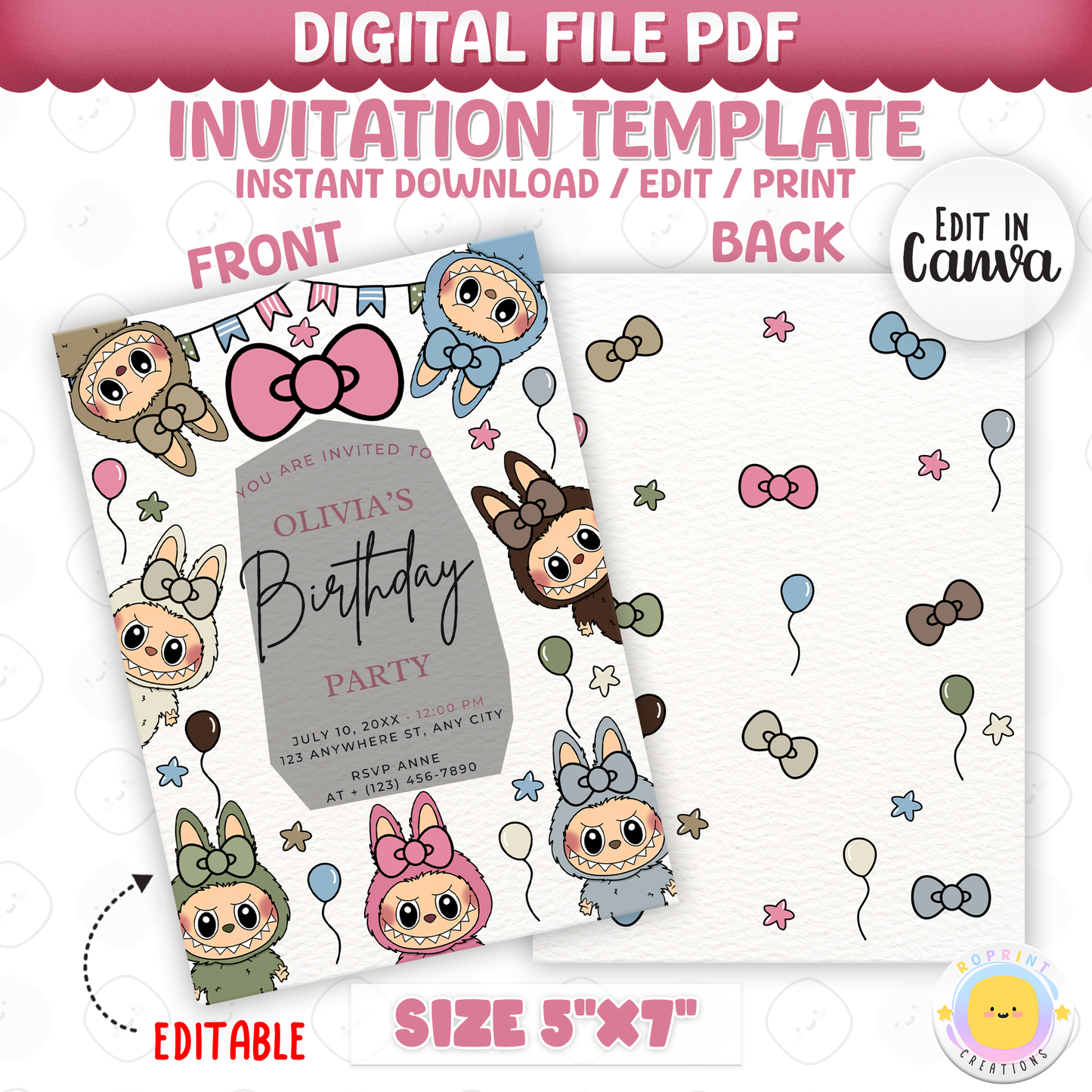 Celebrate in style with this cute Labubu Coquette birthday invitation! Easily edit in Canva, then print or share digitally for a fun monster-themed party. Instant download