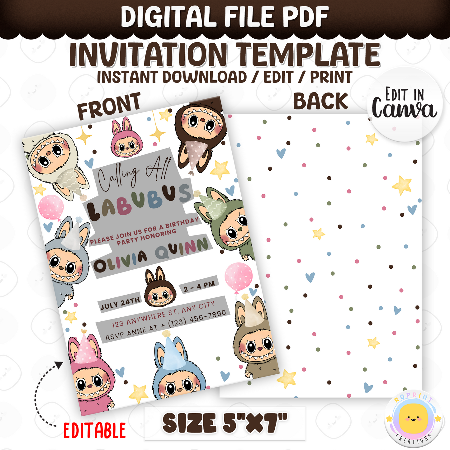 Celebrate with this Labubu-inspired birthday invitation! Easily edit in Canva, then print at home or share digitally with friends and family. Instant download.