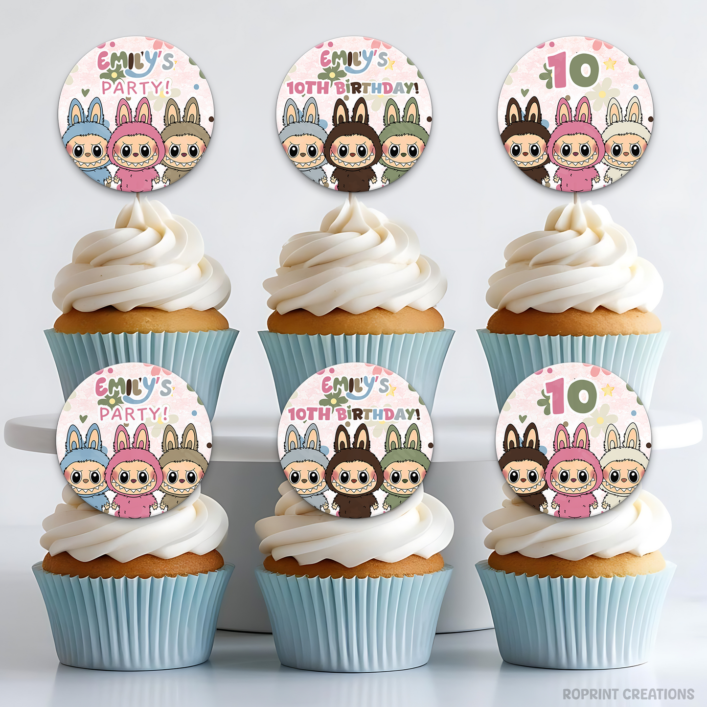 Labubu Inspired Daisy Birthday Cupcake Toppers - Cute Labubu Kids Editable party Favor Add a sweet floral touch to your party with these Labubu daisy-themed cupcake toppers! Edit in Canva and print for adorable kids’ party favors.