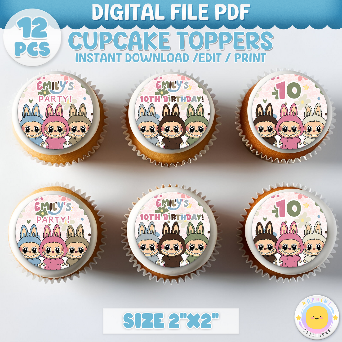 Labubu Inspired Daisy Birthday Cupcake Toppers - Cute Labubu Kids Editable party Favor Add a sweet floral touch to your party with these Labubu daisy-themed cupcake toppers! Edit in Canva and print for adorable kids’ party favors.