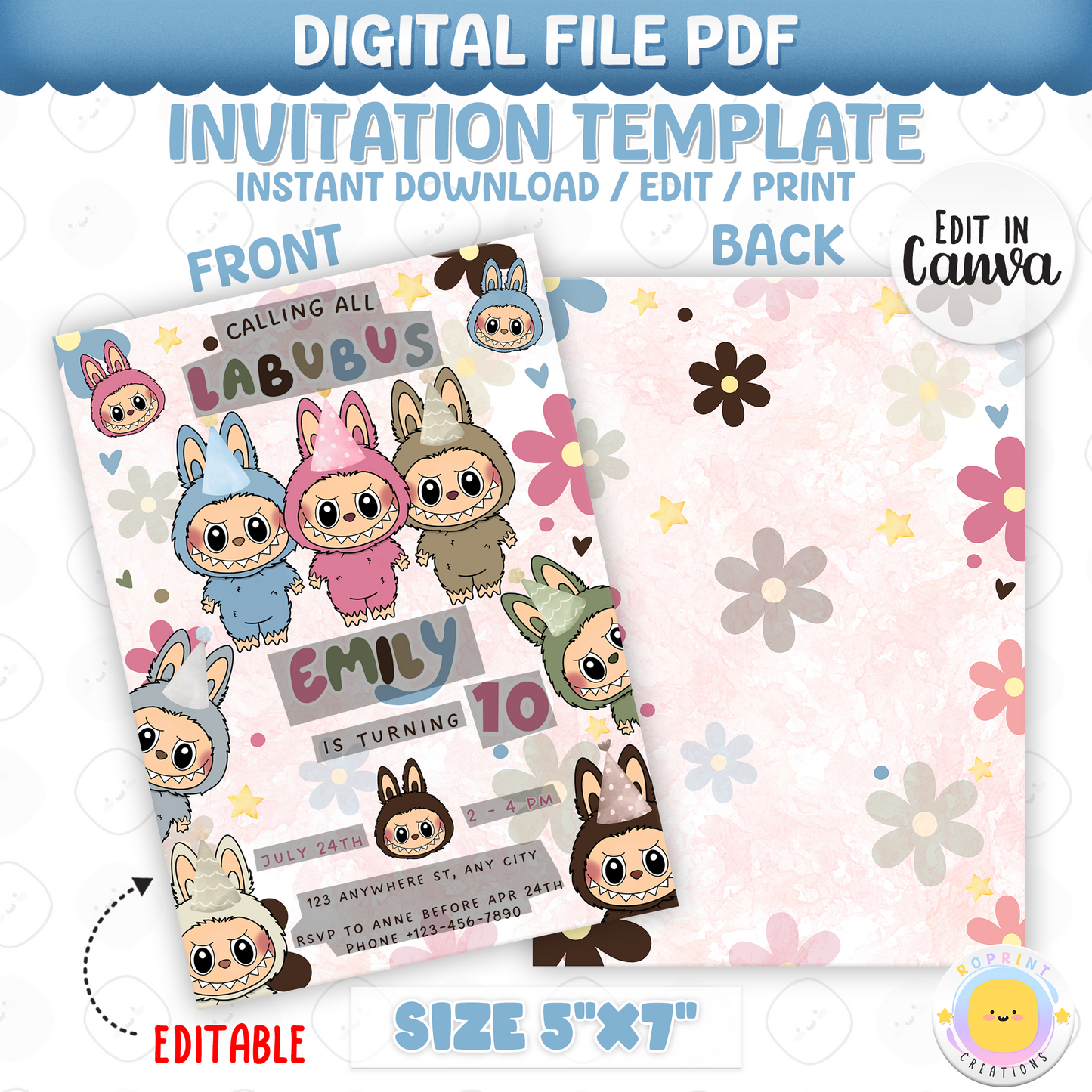 This adorable Labubu daisy-themed invitation is perfect for kids’ birthdays! Edit easily in Canva, then print or share digitally in minutes. Instant download.