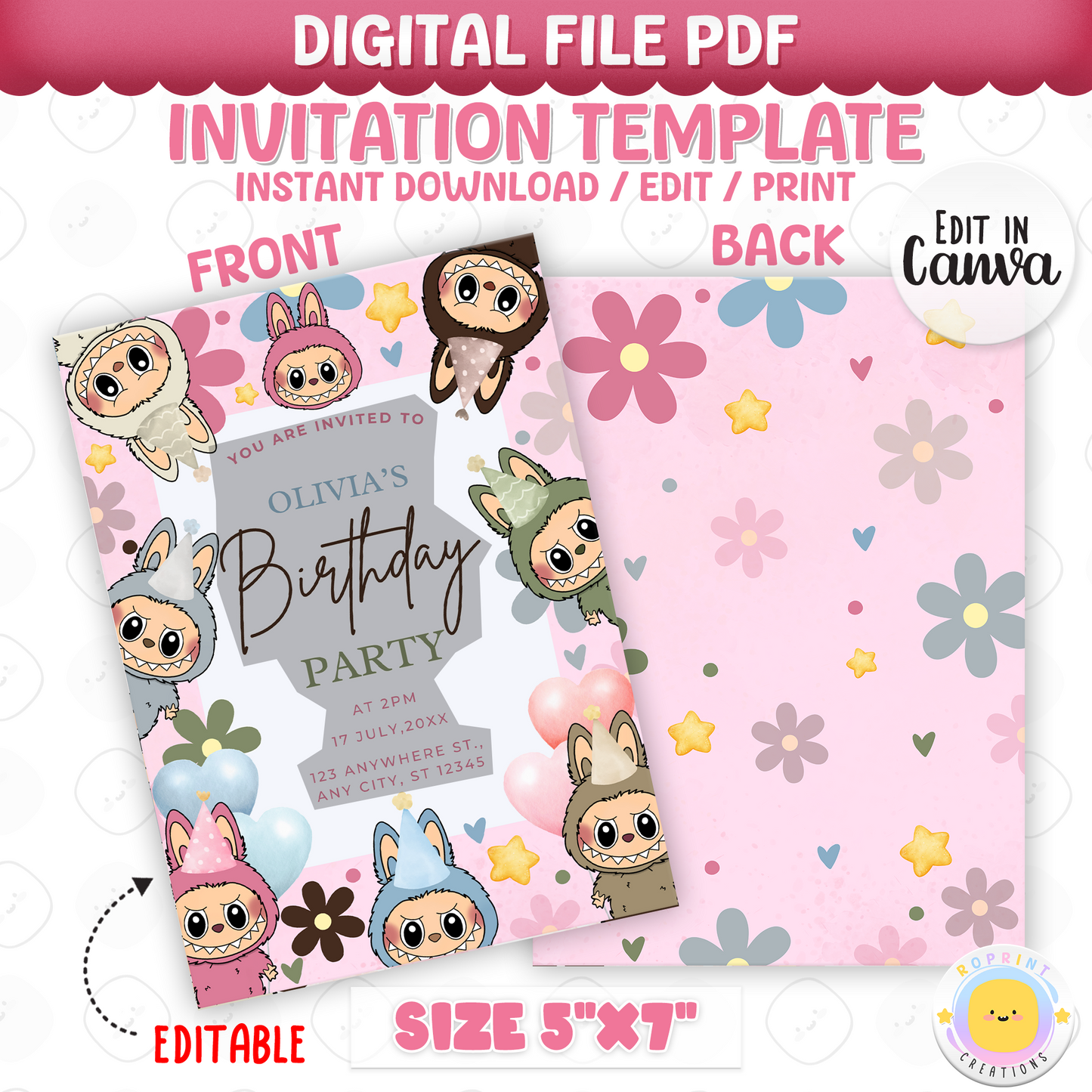 Celebrate with this cute pink Labubu daisy themed invitation. Fully editable in Canva - print at home or share digitally in minutes. Instant download.