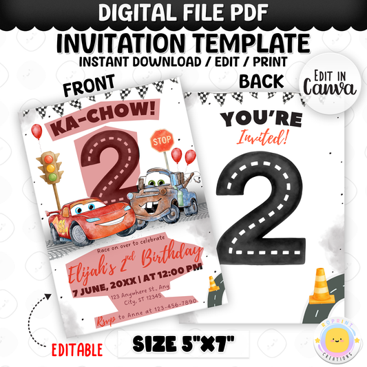 Celebrate your little racer’s big day with this Lightning McQueen 2nd birthday invitation template! Easily customize your party details in Canva, then print or share digitally with friends and family. Perfect for Cars-themed second birthday parties and race car celebrations!