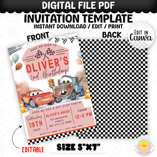 Race on over for an exciting celebration with this Lightning McQueen birthday invitation template! Easily customize your party details in Canva, then print or share digitally with friends and family. Perfect for Cars-themed birthday parties and race car fans!