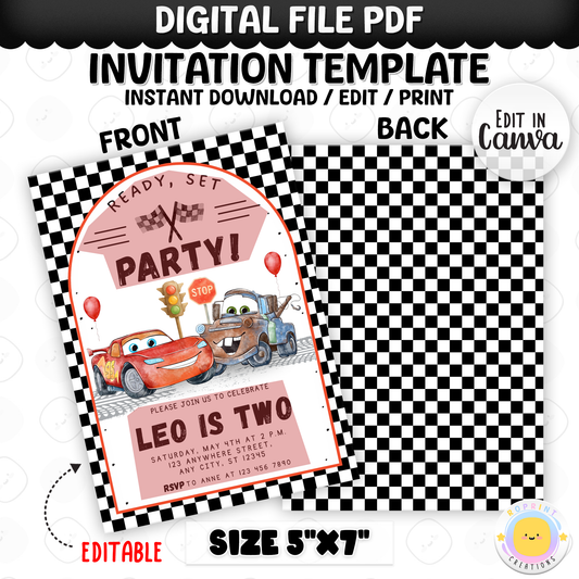 Ready, set, party! Race on over for a fun-filled celebration with this Lightning McQueen birthday invitation template. Easily customize your party details in Canva, then print or share digitally with friends and family. Perfect for Cars-themed birthday parties and race car fans!