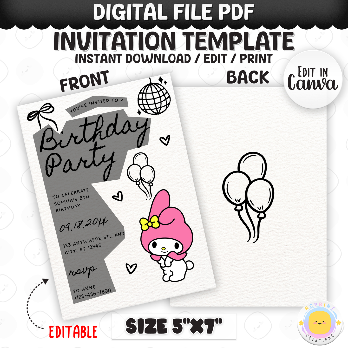 Celebrate with My Melody! This cute birthday invitation is fully editable in Canva—print at home or share digitally for a fun party surprise. Instant download