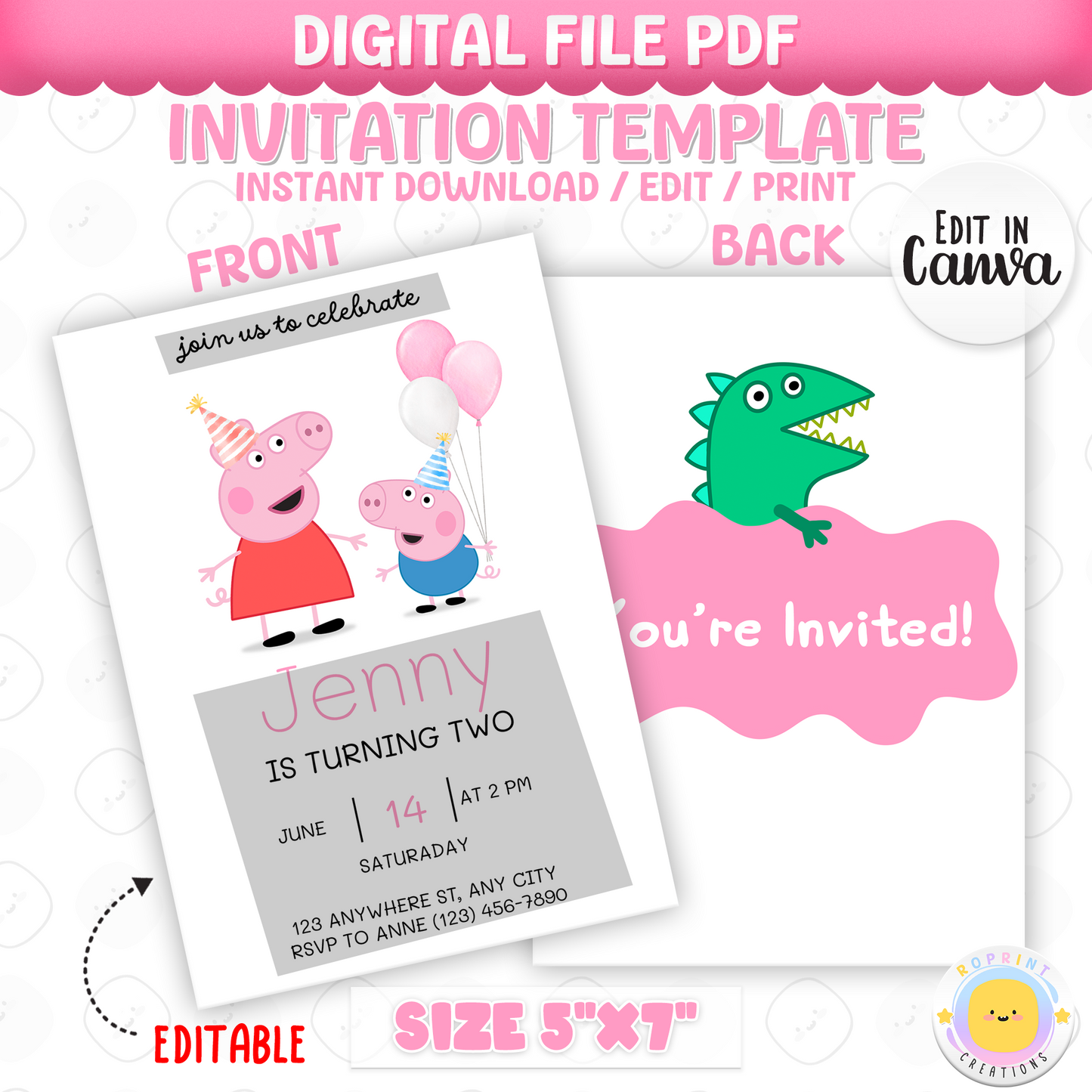 Peppa Pig Birthday Invitation Template - Editable Peppa Pig Invite - Instant Download