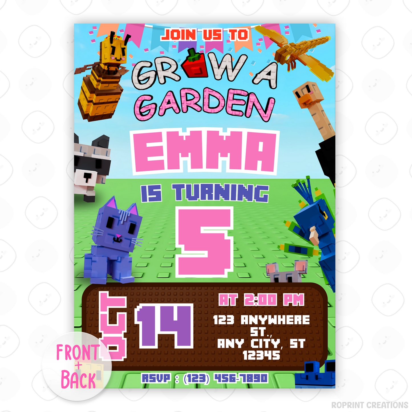 Celebrate in style with this Pink Roblox Grow a Garden birthday invitation! Easily editable in Canva—print at home or share digitally for a fun gamer party invite. Instant download