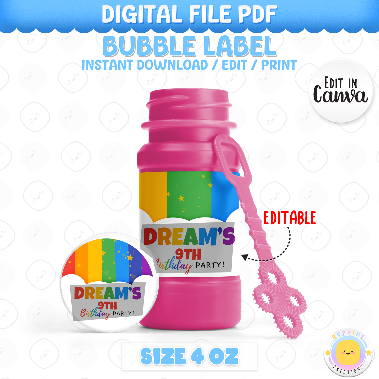Rainbow Bubble Label - Editable Party Favor Printable
Personalize your party bubbles with this editable label! Customize in Canva, print, and stick for a fun, colorful favor.