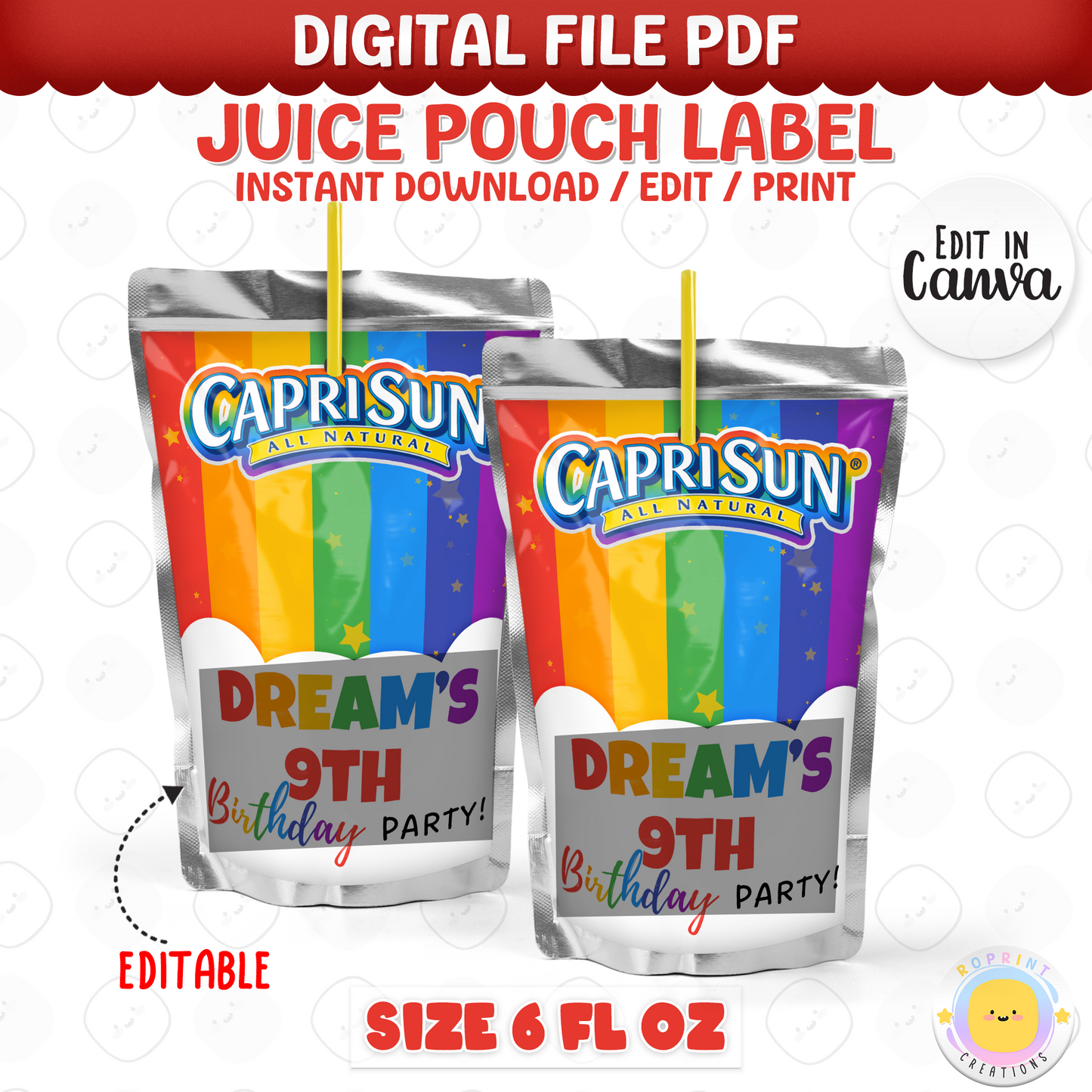 Rainbow Juice Pouch Label - Editable Party Favor Printable
Brighten up your drink station with this editable juice pouch label! Customize in Canva, print, and apply for a fun party touch.