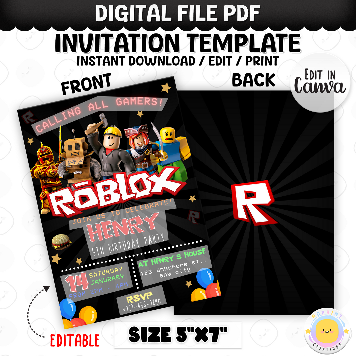 Level up your party with this Roblox-themed birthday invitation! Edit easily in Canva and print or share digitally. Instant download